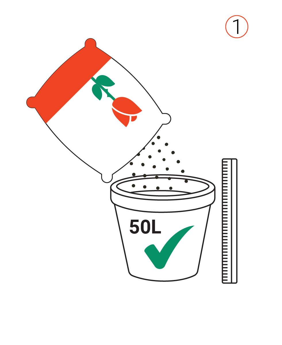 Use a minimum of 50L of soil to ensure sufficient nutrient levels for a complete plant growth cycle. Bigger containers will result in bigger yields.