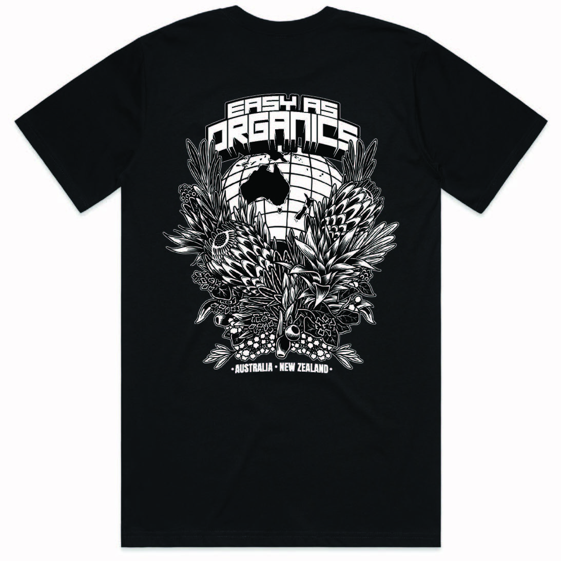 Black t shirt with native plant graphics